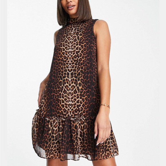 Trendyol mini shift dress with peplum hem in leopard US6 NWT - Picture 1 of 5